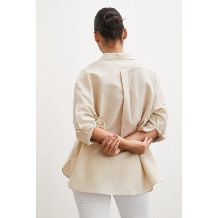 Yırtmaçlı Fakir Kol Gömlek Bej
