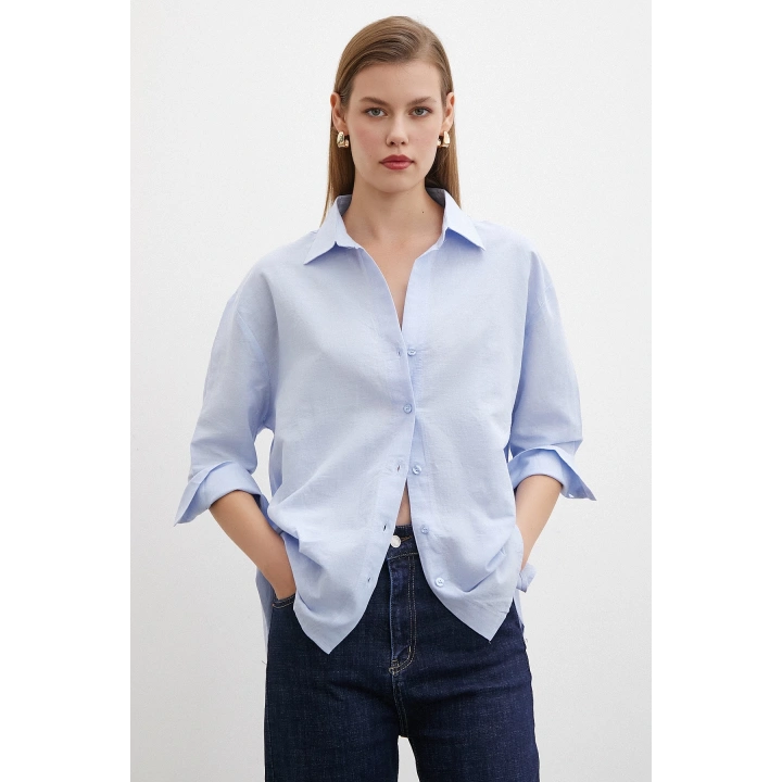 Yırtmaçlı Fakir Kol Gömlek Mavi