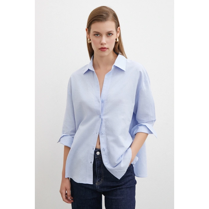 Yırtmaçlı Fakir Kol Gömlek Mavi