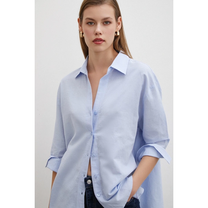 Yırtmaçlı Fakir Kol Gömlek Mavi