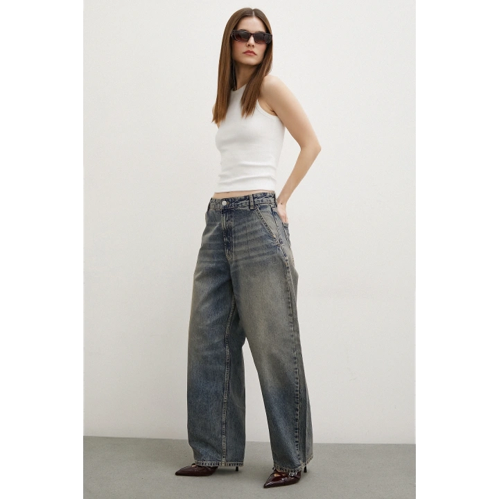 Yüksek Bel Baggy Jean Lacivert