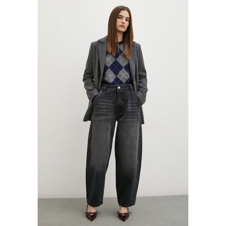 Yüksek Bel Baggy Jean Siyah