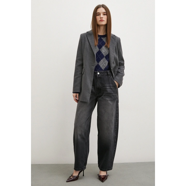 Yüksek Bel Baggy Jean Siyah