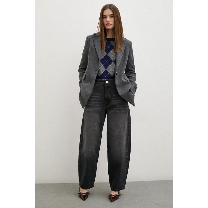 Yüksek Bel Baggy Jean Siyah