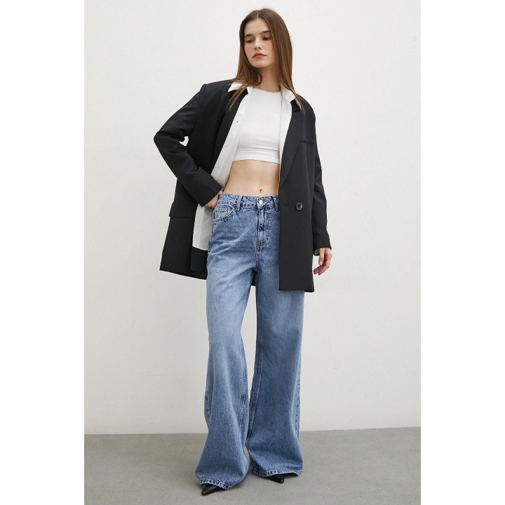 Yüksek Bel Beş Cepli Geniş Paça Jean Mavi