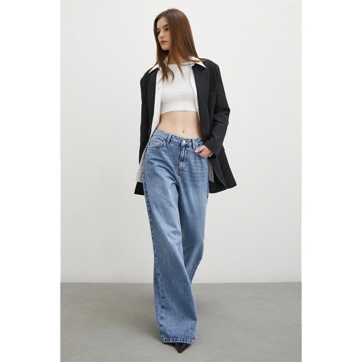Yüksek Bel Beş Cepli Geniş Paça Jean Mavi