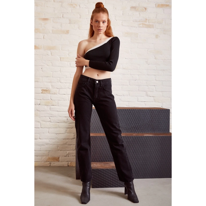 Yüksek Bel Bol Paça Jean Siyah