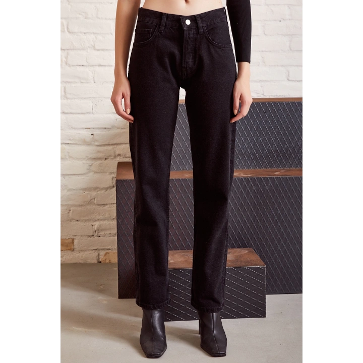 Yüksek Bel Bol Paça Jean Siyah