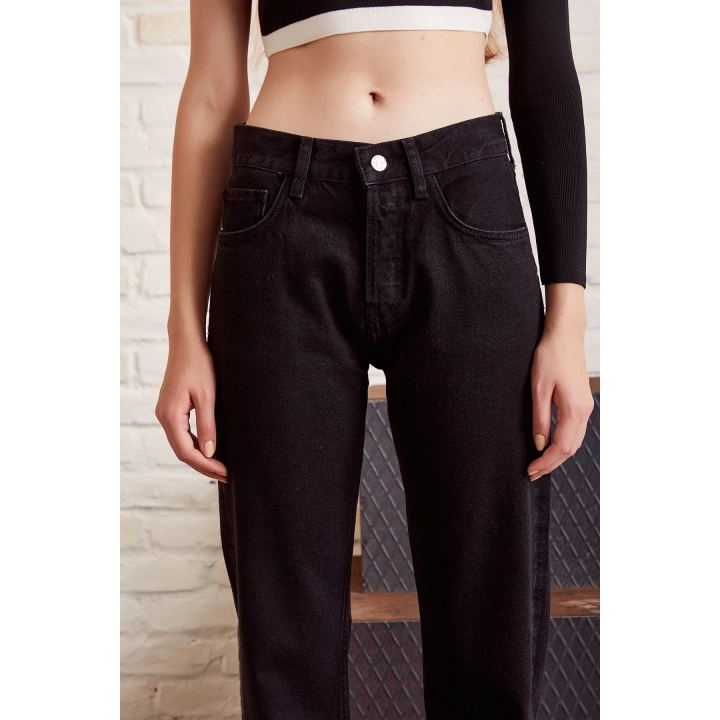 Yüksek Bel Bol Paça Jean Siyah