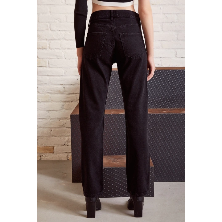 Yüksek Bel Bol Paça Jean Siyah