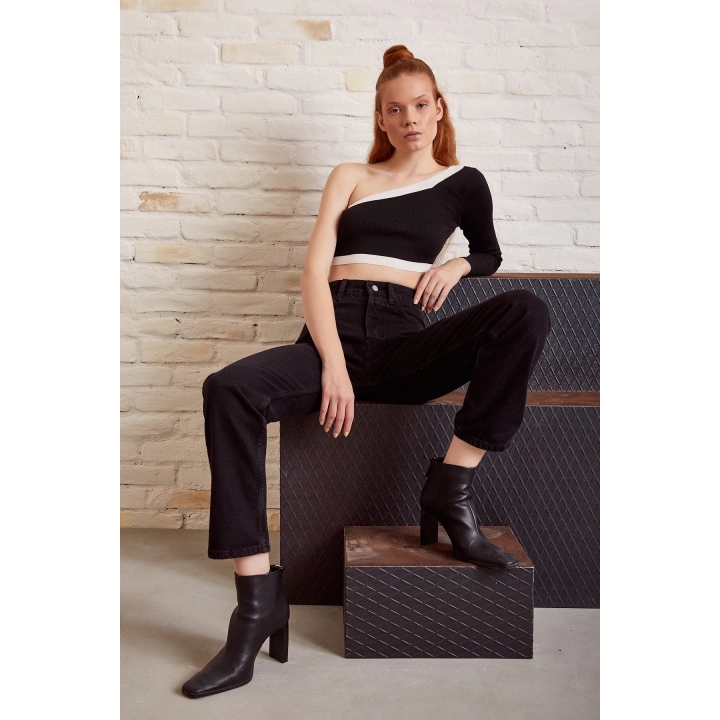 Yüksek Bel Bol Paça Jean Siyah