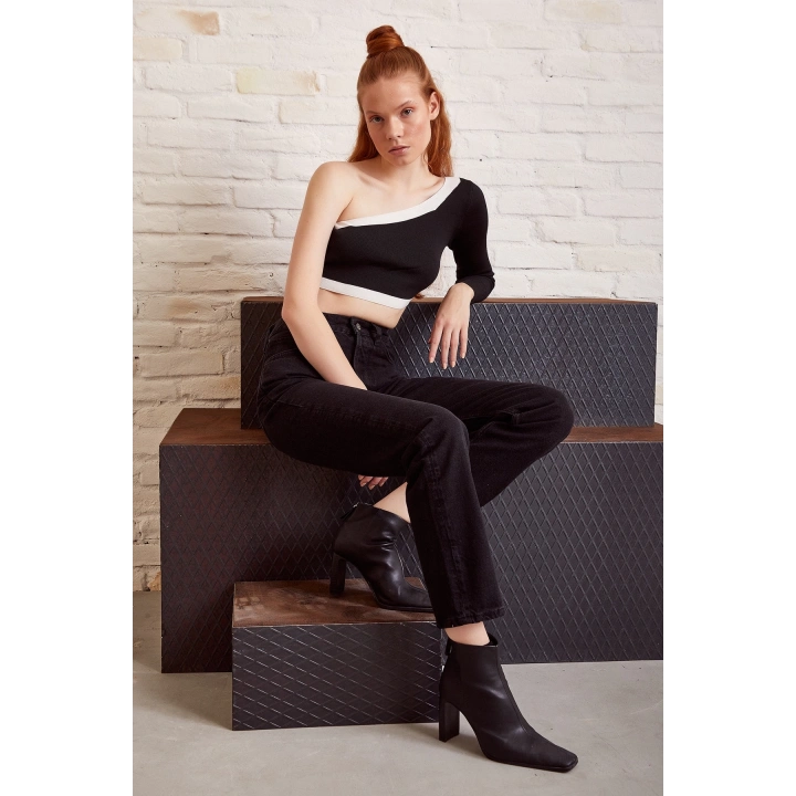 Yüksek Bel Bol Paça Jean Siyah