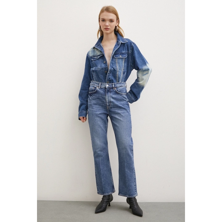 Yüksek Bel Boru Paça Jean Mavi