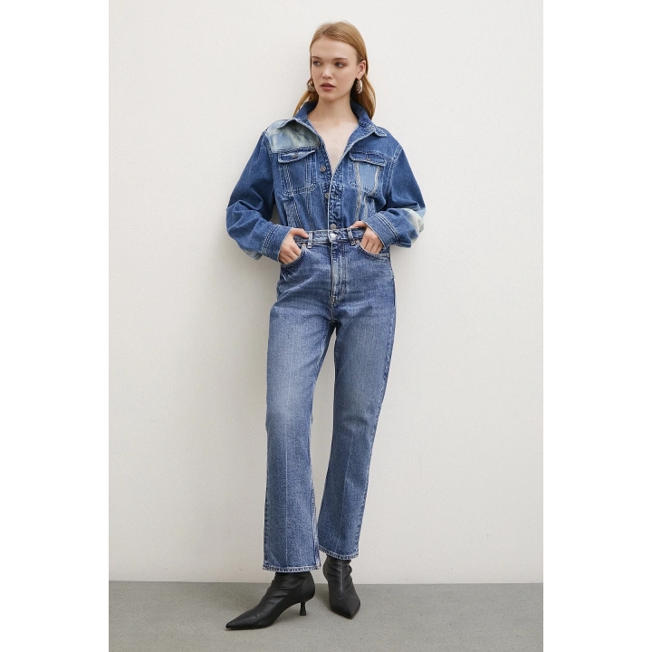 Yüksek Bel Boru Paça Jean Mavi