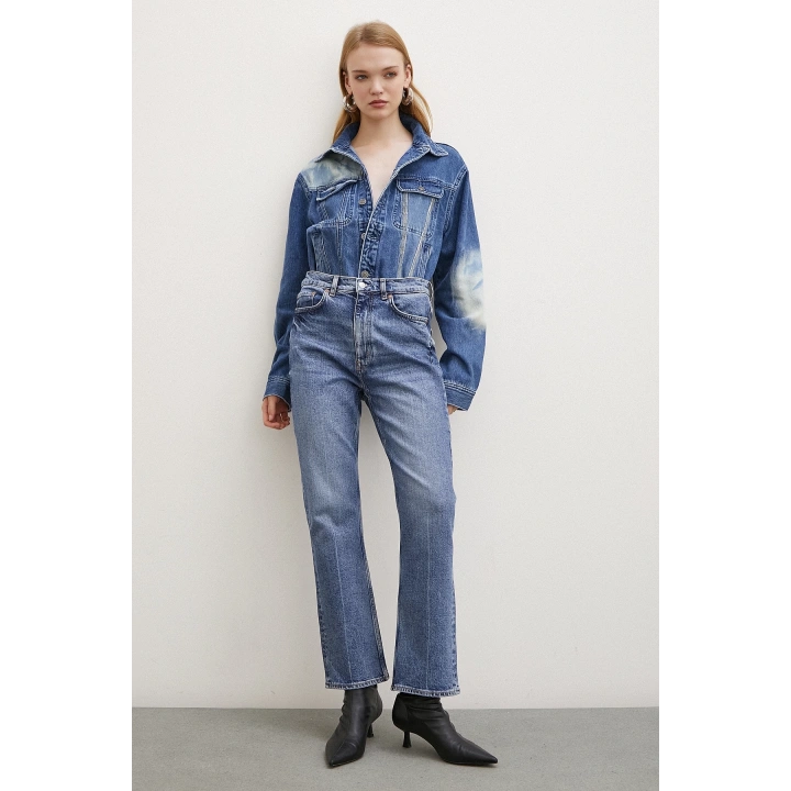 Yüksek Bel Boru Paça Jean Mavi