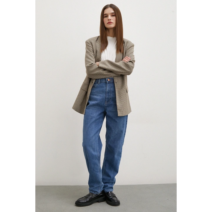 Yüksek Bel Dar Paça Mom Jean Mavi