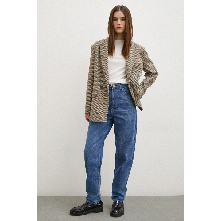 Yüksek Bel Dar Paça Mom Jean Mavi