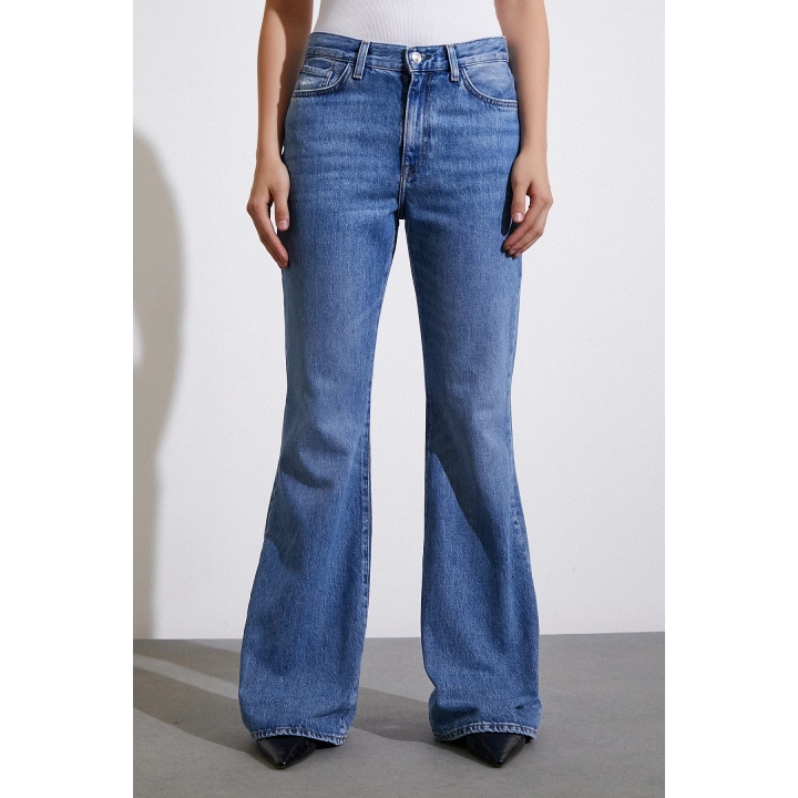 Yüksek Bel Geniş İspanyol Paça Jean Mavi