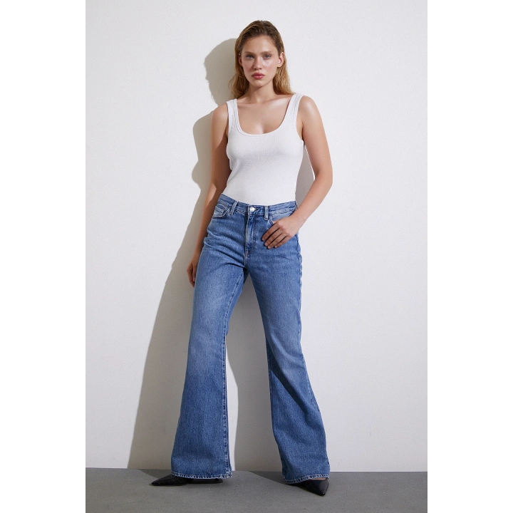 Yüksek Bel Geniş İspanyol Paça Jean Mavi