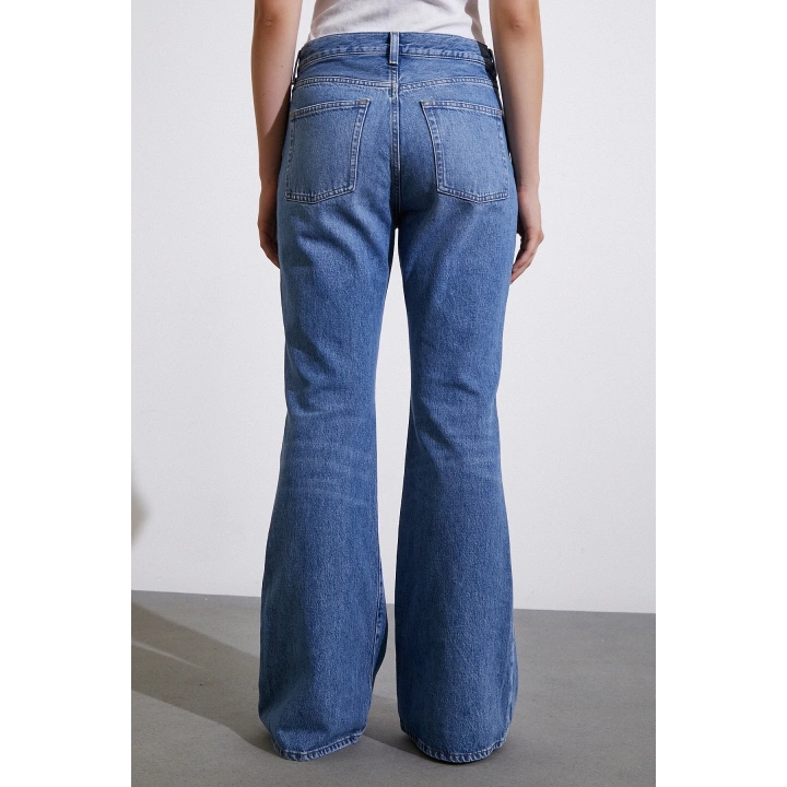 Yüksek Bel Geniş İspanyol Paça Jean Mavi