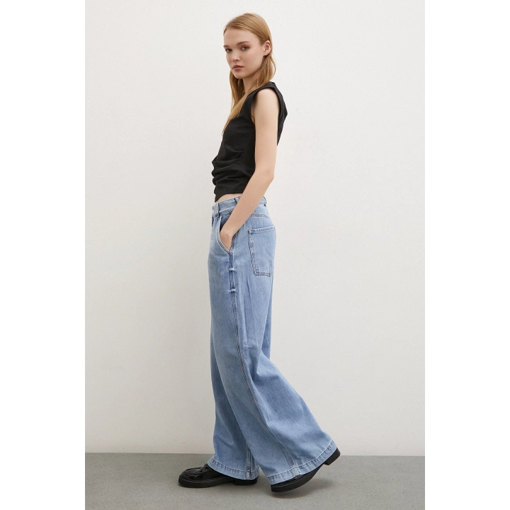 Yüksek Bel Geniş Paça Jean Buz Mavisi