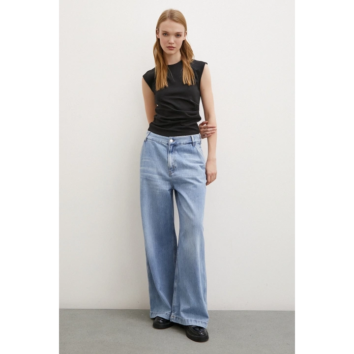 Yüksek Bel Geniş Paça Jean Buz Mavisi