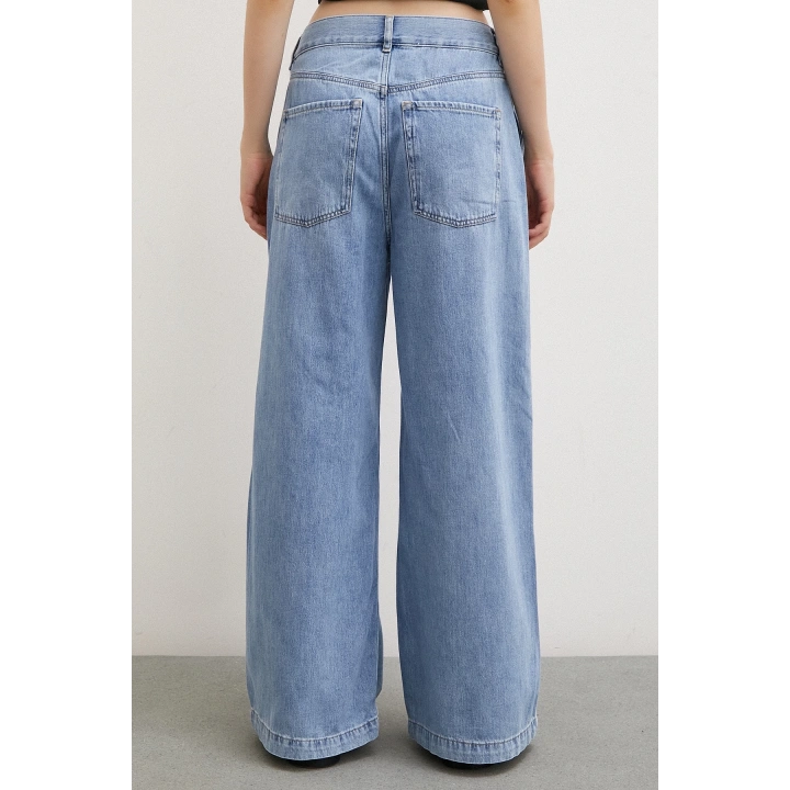 Yüksek Bel Geniş Paça Jean Buz Mavisi