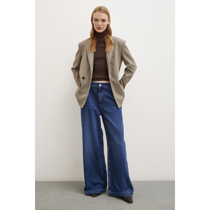 Yüksek Bel Geniş Paça Jean Mavi