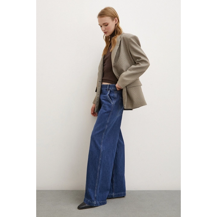 Yüksek Bel Geniş Paça Jean Mavi