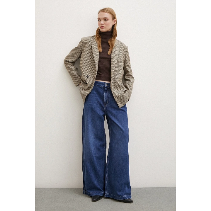 Yüksek Bel Geniş Paça Jean Mavi