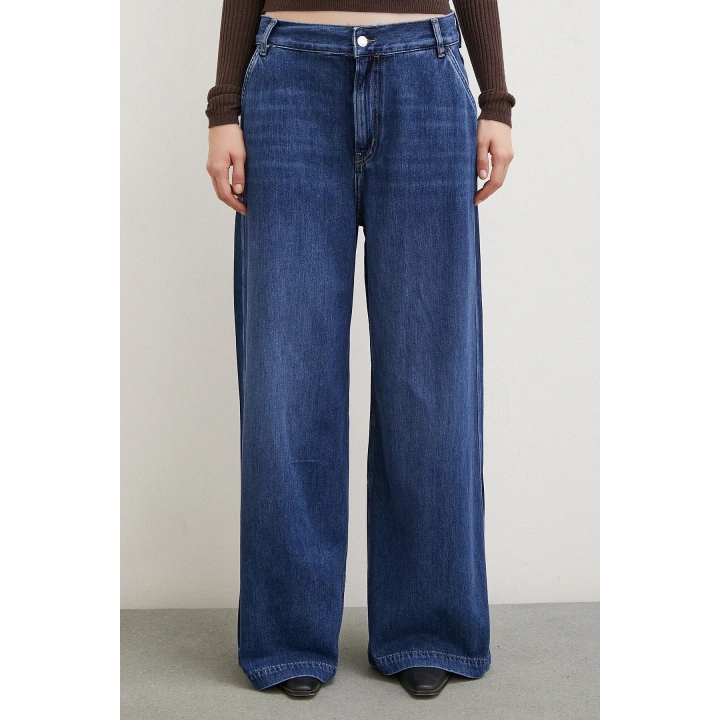 Yüksek Bel Geniş Paça Jean Mavi