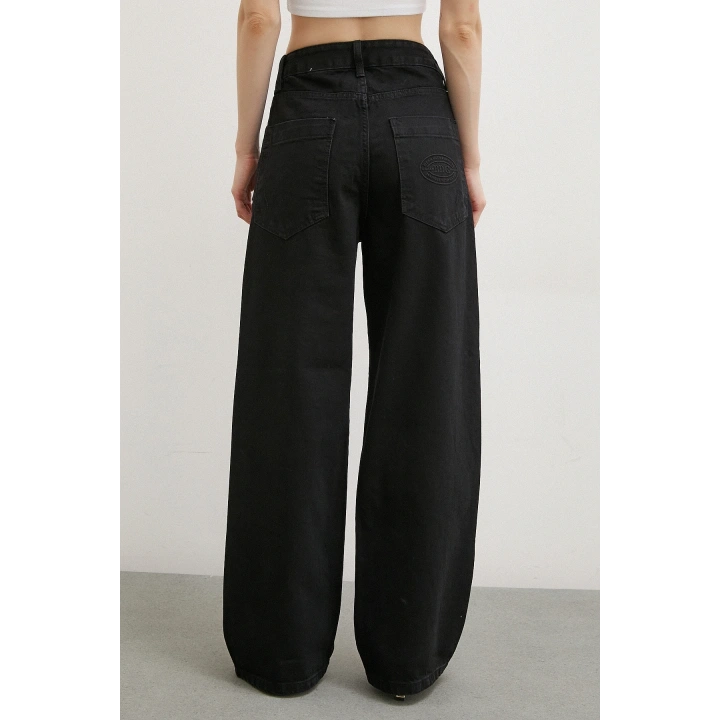 Yüksek Bel Geniş Paça Jean Siyah
