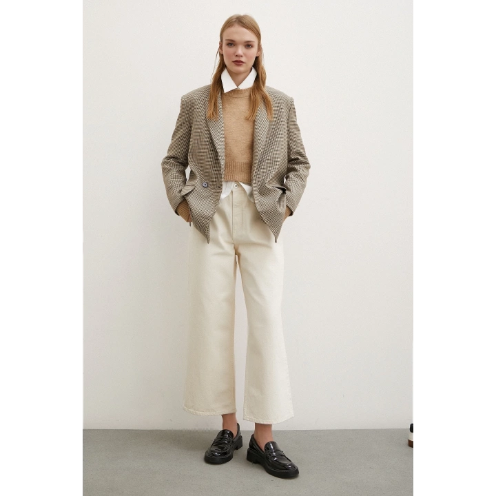 Yüksek Bel Geniş Paça Mom Jean Ekru