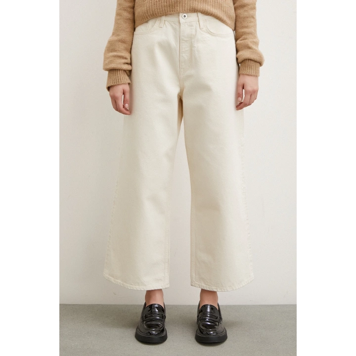 Yüksek Bel Geniş Paça Mom Jean Ekru