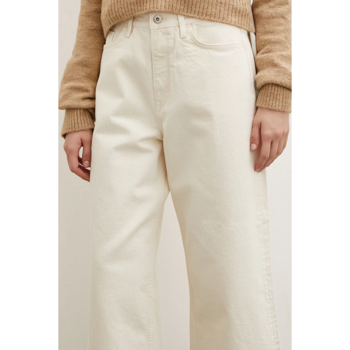 Yüksek Bel Geniş Paça Mom Jean Ekru