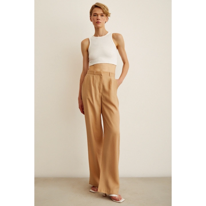 Yüksek Bel Geniş Paça Pantolon Camel
