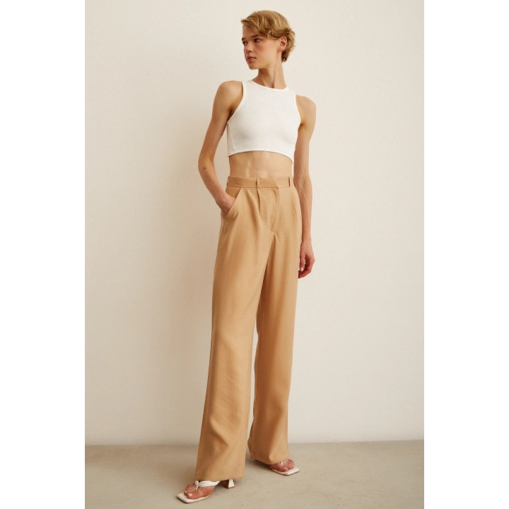 Yüksek Bel Geniş Paça Pantolon Camel
