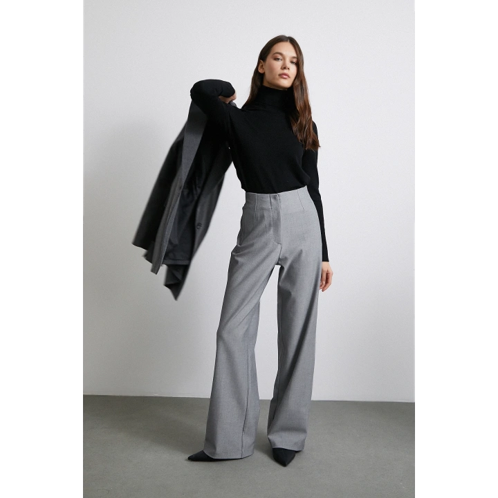 Yüksek Bel Geniş Paça Pantolon Gri