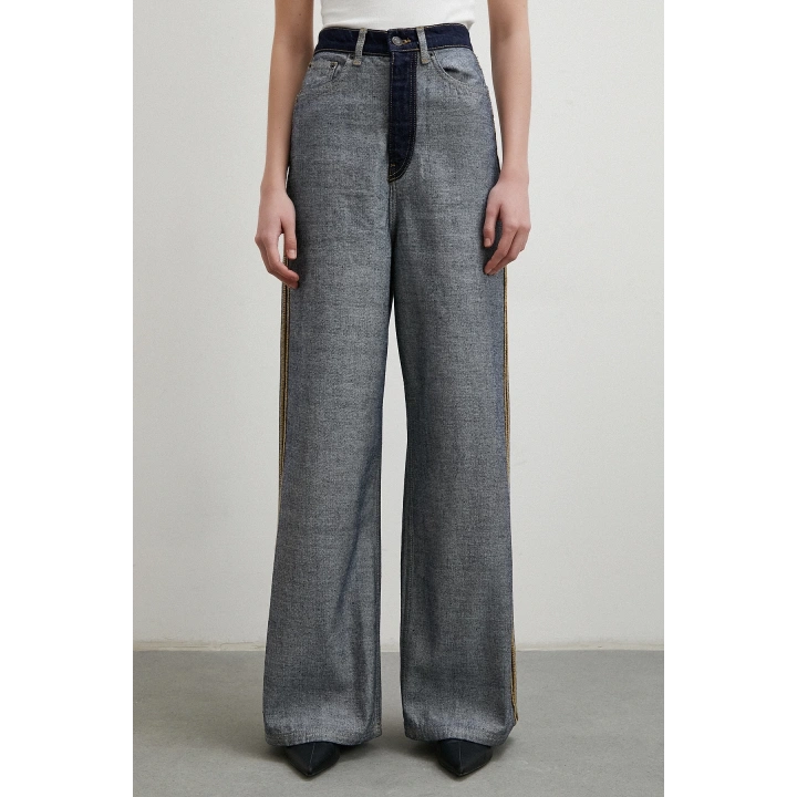 Yüksek Bel Geniş Paça Ters Dikişli Jean Lacivert