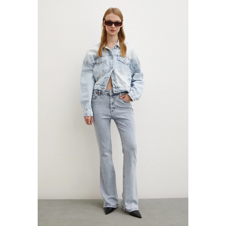 Yüksek Bel İspanyol Paça Jean Buz Mavisi