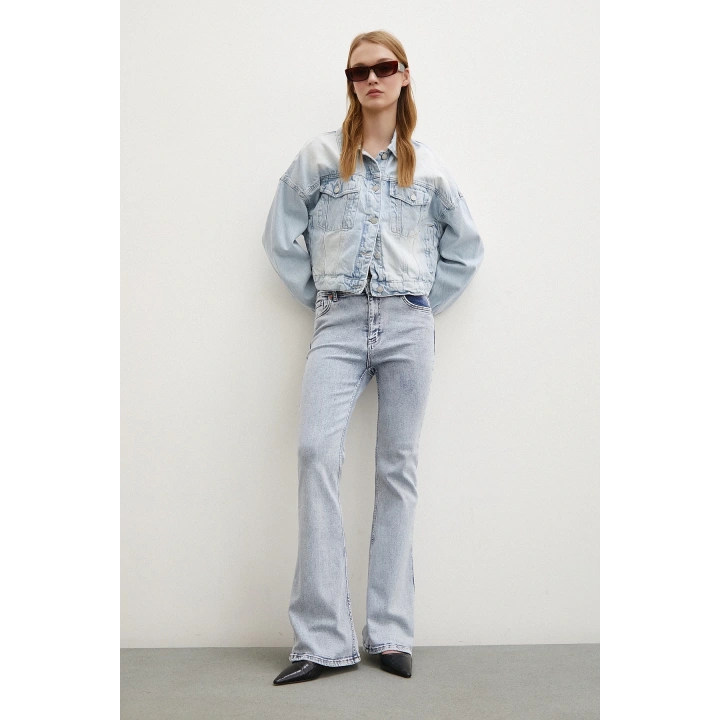 Yüksek Bel İspanyol Paça Jean Buz Mavisi