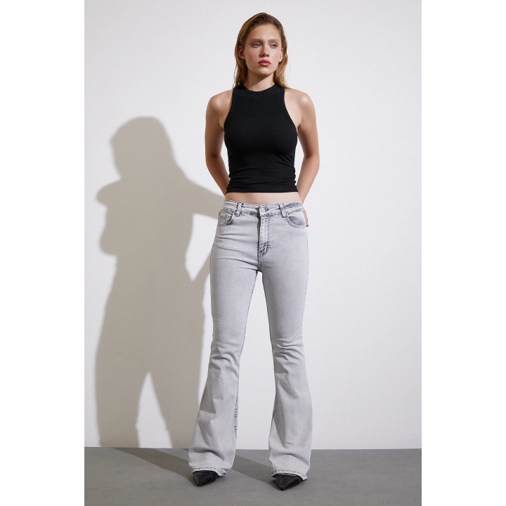 Yüksek Bel İspanyol Paça Jean Gri