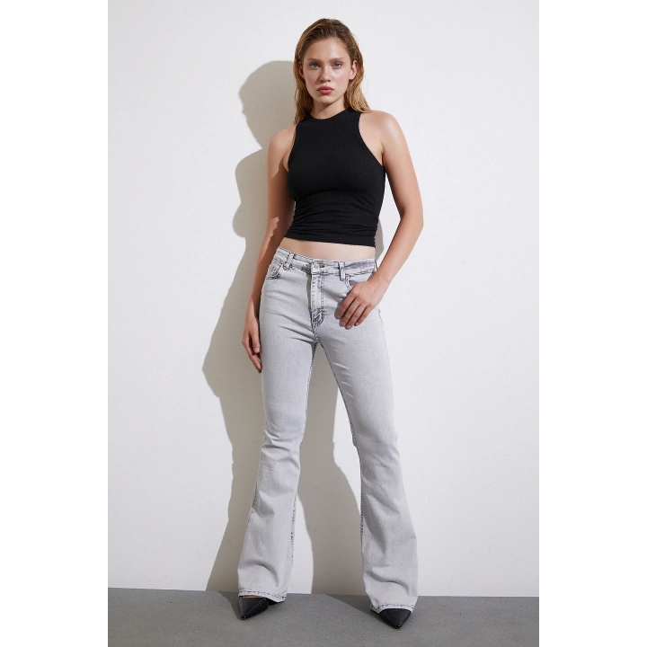Yüksek Bel İspanyol Paça Jean Gri