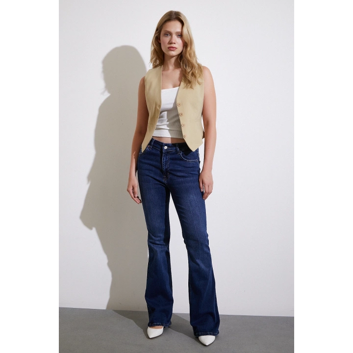 Yüksek Bel İspanyol Paça Jean Koyu Lacivert