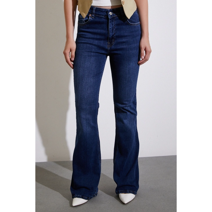 Yüksek Bel İspanyol Paça Jean Koyu Lacivert