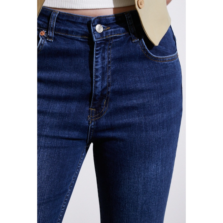 Yüksek Bel İspanyol Paça Jean Koyu Lacivert