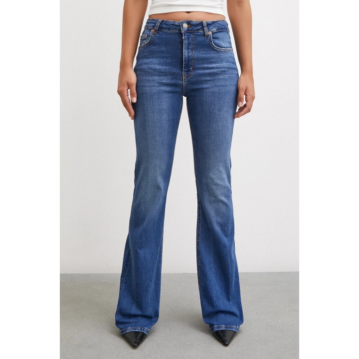 Yüksek Bel İspanyol Paça Jean Mavi