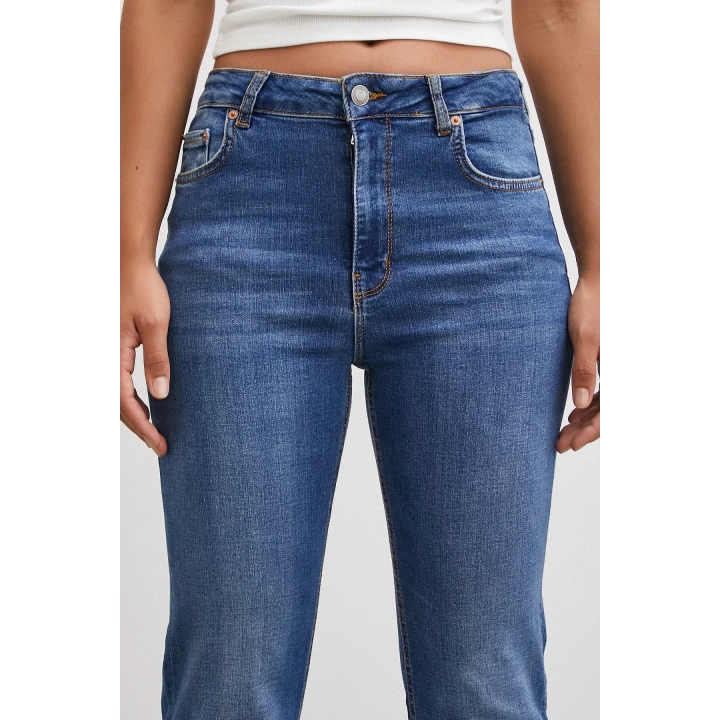 Yüksek Bel İspanyol Paça Jean Mavi