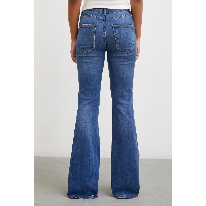 Yüksek Bel İspanyol Paça Jean Mavi