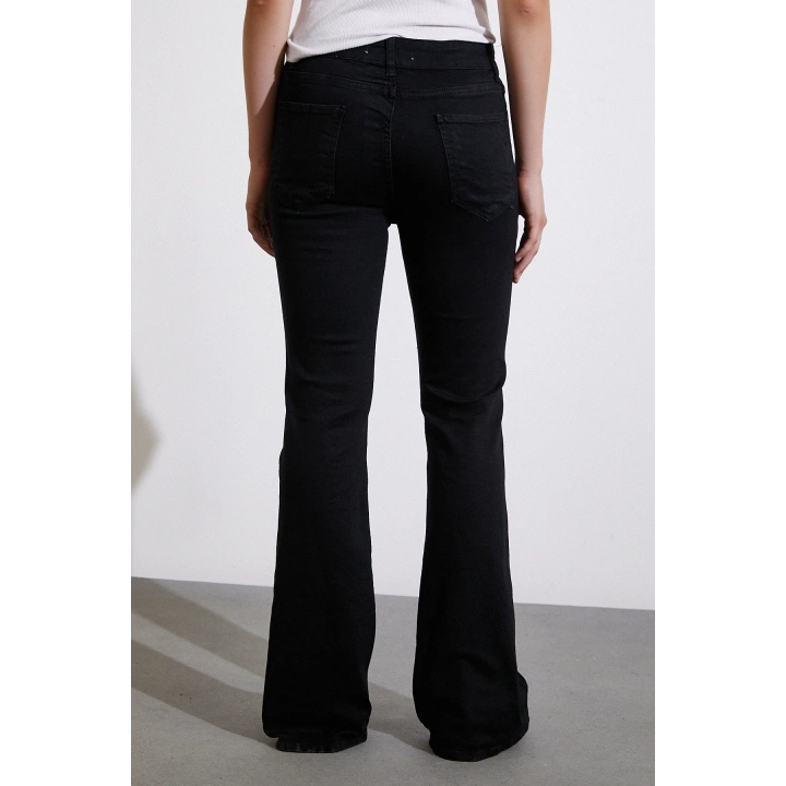 Yüksek Bel İspanyol Paça Jean Siyah